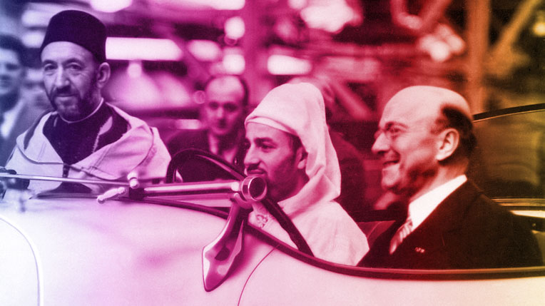 Le sultan Mohammed Ben Youssef, conduit par André Citroën lui-même, au cours de l’un de ses voyages en France entre 1927 et 1930.