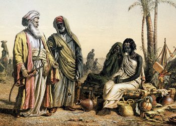 Slave market near Kenneh, Egypt, engraving from 1857 Scenes of a Voyage in the Orient by Louis Libay 
 Photo Credit: [ The Art Archive / Geographical Society Paris / Gianni Dagli Orti ]