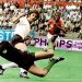 Moroccan goalkeeper Ben Kassou Allal catches the ball as he dives in front of German forward Gerhard M¸ller 03 June 1970 in Leon during the World Cup first round soccer match between Germany and Morocco. Germany won 2-1 with M˚ller scoring the winning goal. AFP PHOTO / AFP PHOTO / STAFF